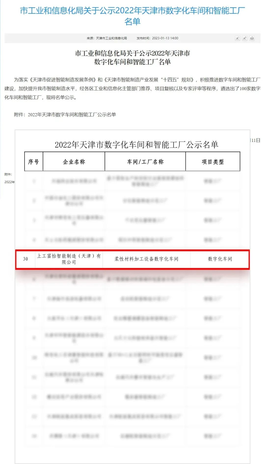 热烈祝贺 上工富怡柔性材料加工设备数字化车间荣登2022年天津市数字化车间和智能工厂榜单